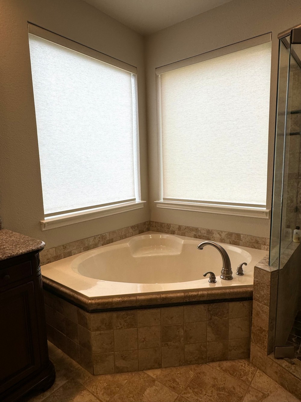 Stylish Bathroom Upgrade of Motorized Roller Shades on Hasland Dr in Flower Mound, TX